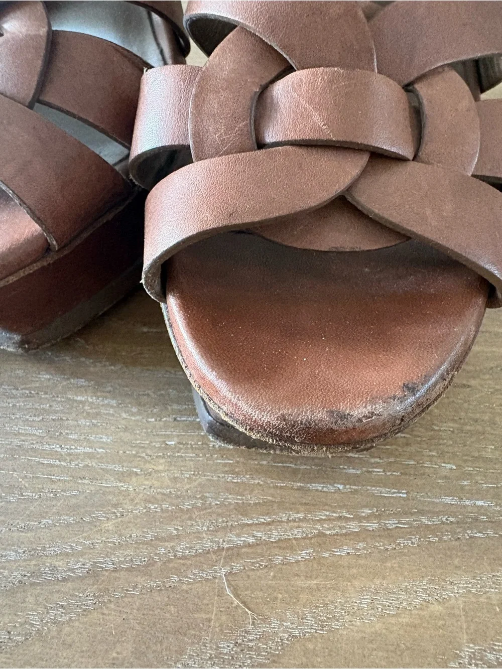 Women's Brown Leather T-Strap Woven Platform Sandals